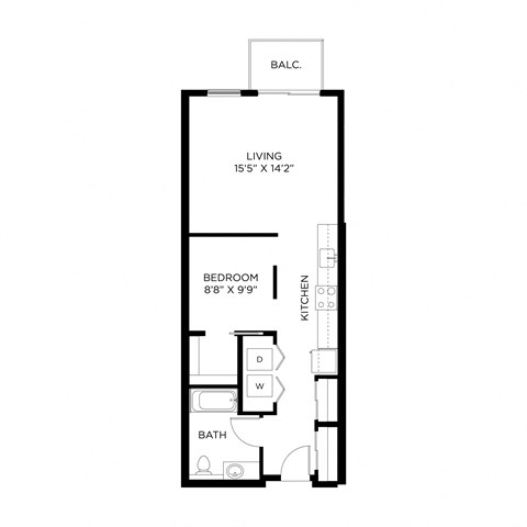 Floor plan for 1 bed, 1 bath, 670 sqft
